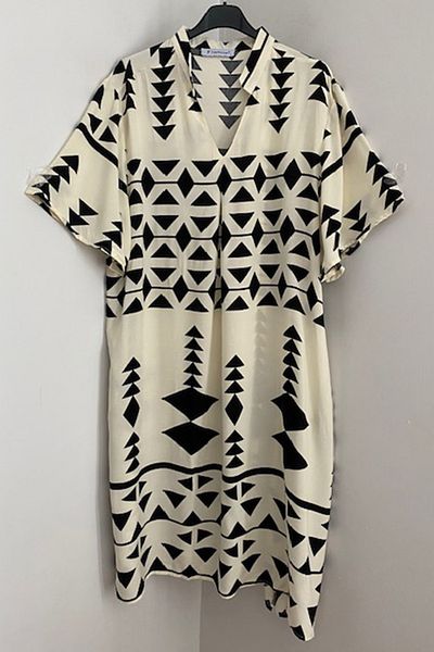 AYASOFYA OTANTIK Rochie midi cu mânecă scurtă, cu guler alb, cu imprimeu, buzunare laterale, cu mânecă scurtă