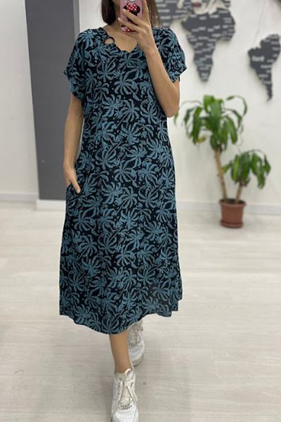 AYASOFYA OTANTIK Rochie de damă, neagră, albastră, cu decolteu în V, cu buzunare laterale, cu mânecă scurtă, lejeră, cu croiala relaxată