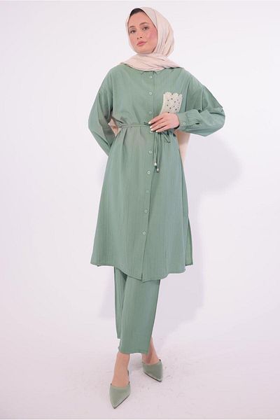 TRENDTESETTÜR Women's Green (Çağla) Embroidered Detail Pants Suit t 6374