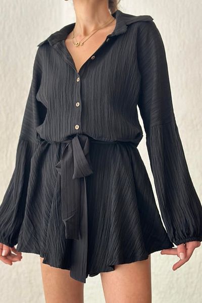 FASHION COCKTAIL Long Sleeve Casual Relief Fabric Lapel Button Up Boyfriend Shirt Style Romper with Shorts