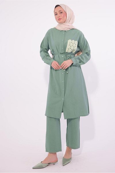 TRENDTESETTÜR Women's Green (Çağla) Embroidered Detail Pants Suit t 6374