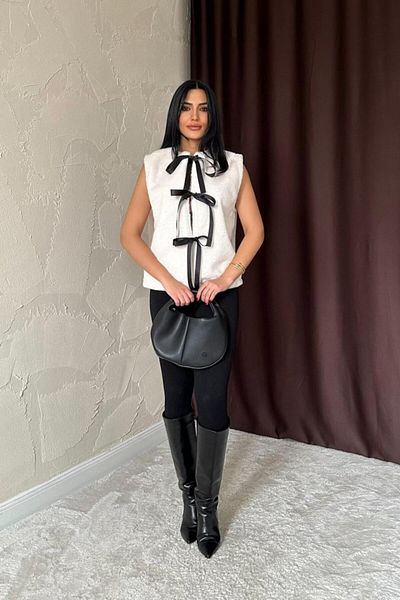 MRA Fashion Ecru Bow Plush Vest