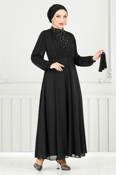 ModaMerve Drape Detay Taşlı Abiye 0404ALG1079-M Siyah