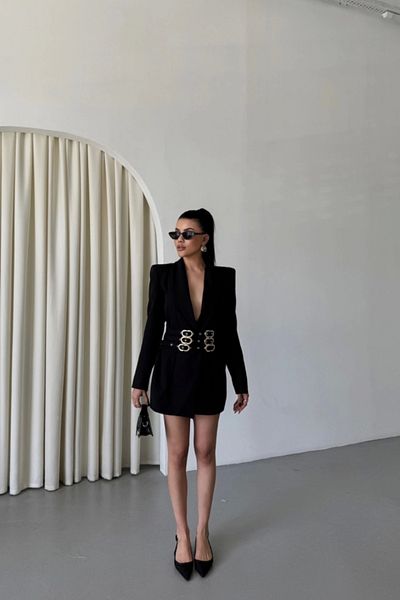 Butik One Button Jacket with 3 Buckles Belt Decorated - Black