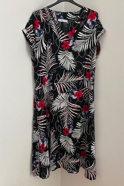 AYASOFYA OTANTIK Rochie midi de damă, neagră, cu decolteu în V, cu buzunare laterale, cu mânecă scurtă, cu croiala relaxată