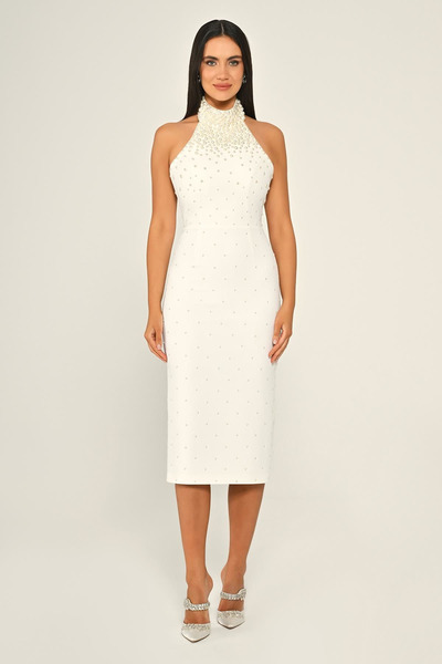 ALFABETA Halter Yaka Boncuklu Krep Midi Abiye Elbise Alfa Beta B7028