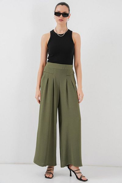 COTTONLAB Wide Leg Pleated Trousers 6718 - Khaki