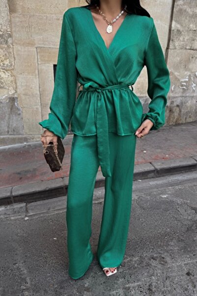 trend_ermege Satin Double Breasted Tie Blazer - Pants Suit - Green