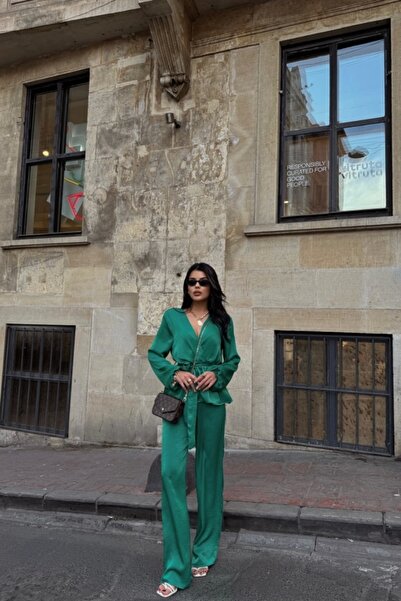 trend_ermege Satin Double Breasted Tie Blazer - Pants Suit - Green
