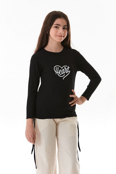 Fulla Moda Ribbed Heart Printed Girls' Body with Gathered Sides