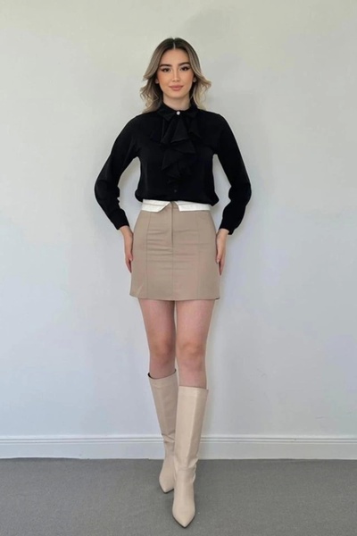 Vaveyy Beige Belted Ball Mini Skirt