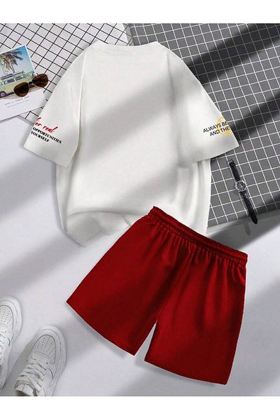 PENTHİLUS Casual Letter Print Crop T-Shirt and Lace-Up Waist Shorts 2 Piece Set