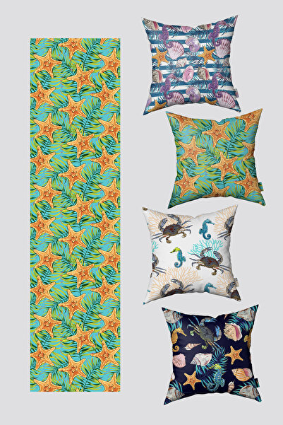 EsnafAli Set de 4 huse de pernă și alergător cu model de stele de mare portoc...