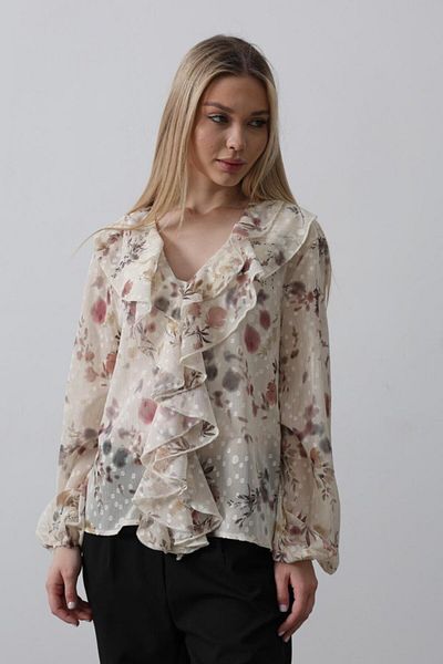 COTTONLAB Cămașă din șifon cu volan cu model floral - crem