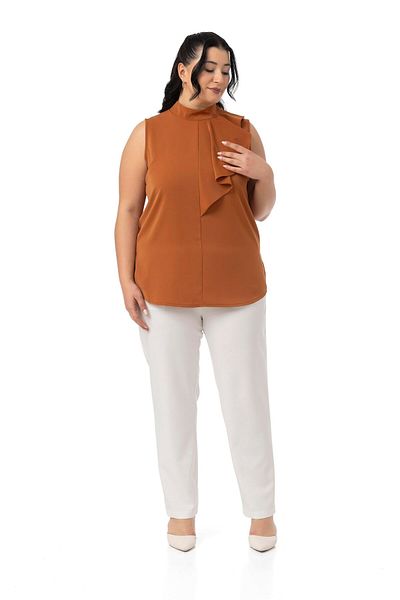 DISENTIS MODEST Plus Size Half Stand Collar Asymmetric Flounces Sleeveless Cinnamon Blouse