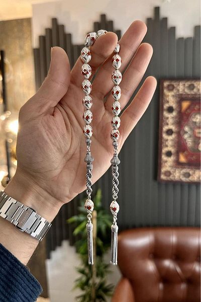 dergah tesbih مسبحة زازا حمراء مصنوعة يدويًا بتصميم فضي