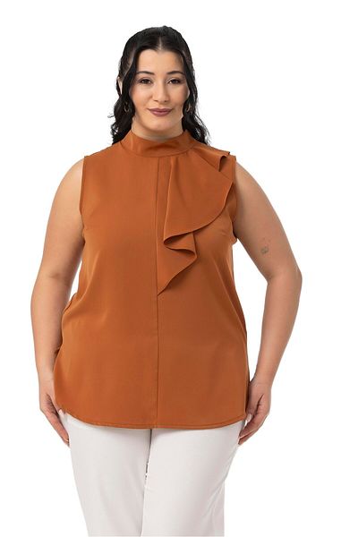 DISENTIS MODEST Plus Size Half Stand Collar Asymmetric Flounces Sleeveless Cinnamon Blouse