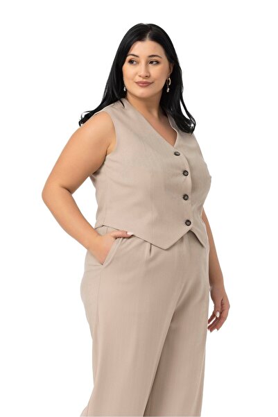 DISENTIS MODEST Large Size Striped Vest Trousers Mink Two-Piece Suit