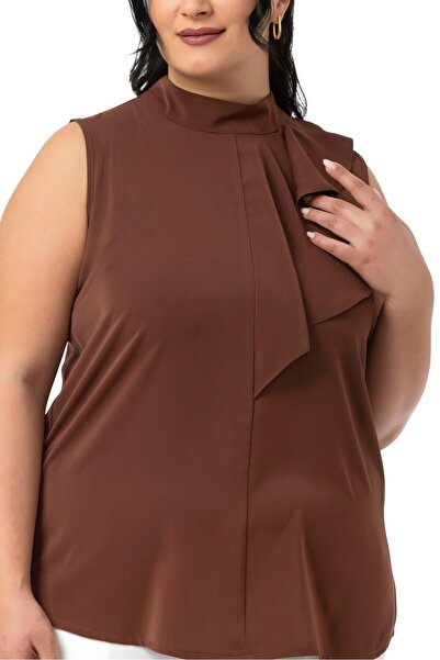 DISENTIS MODEST Αμάνικη καφέ μπλούζα με ασύμμετρο γιακά με μισό γιακά