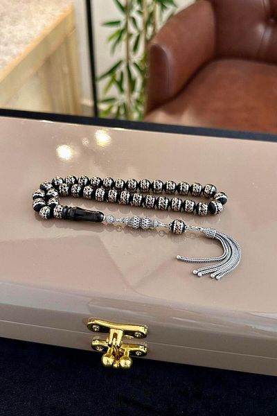 dergah tesbih Solid Brass Wrapped Silver Tassel Oltu Stone Rosary