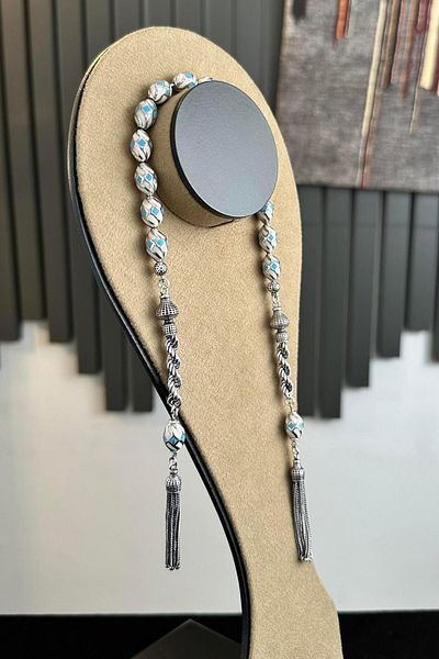 dergah tesbih Handcrafted Silver Design Caged Blue Zaza Rosary
