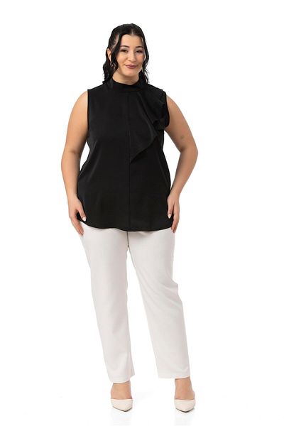 DISENTIS MODEST Plus Size Half Stand Collar Asymmetrical Flounces Sleeveless Black Blouse