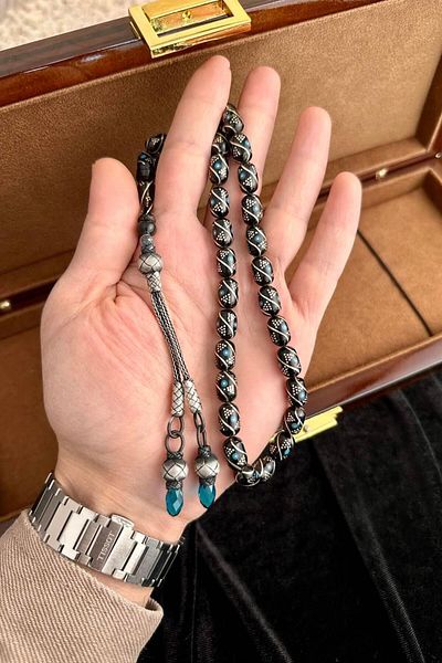 dergah tesbih Silver Kazaz Tassel Turquoise Silver Embroidered Oltu Stone Rosary