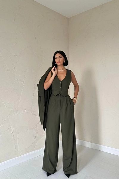 ceylinmoda Khaki Classy Jacket, Vest and Pants Set