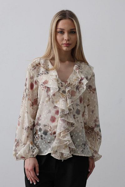 COTTONLAB Cămașă din șifon cu volan cu model floral - crem