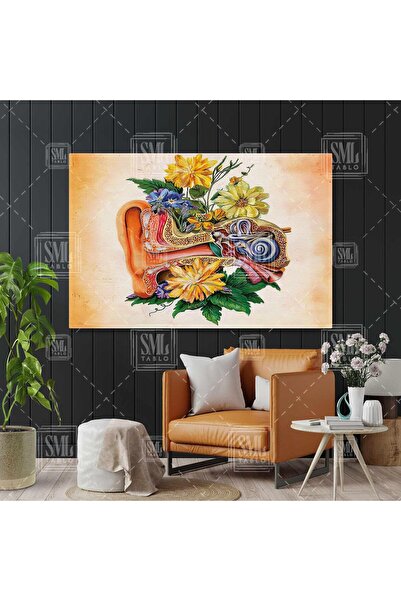 SML TABLO Kulak Anatomisi Kulak Burun Boğaz KBB Çiçekler Yatay Kanvas Tablo