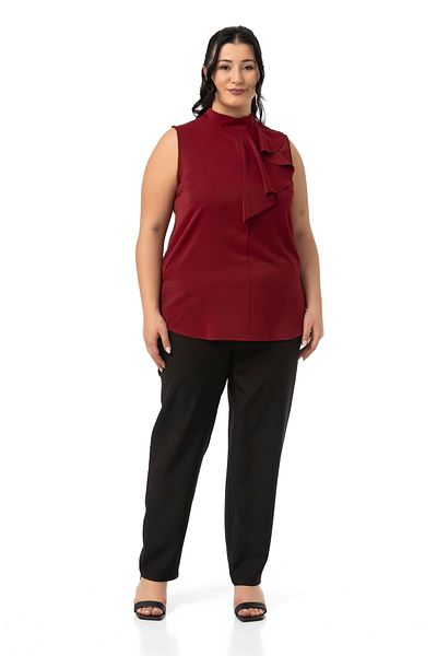 DISENTIS MODEST Plus Size Half Stand Collar Asymmetrical Flounces Sleeveless Burgundy Blouse