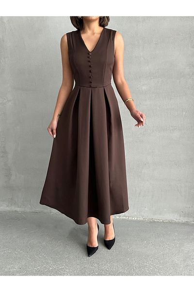 BEJNA Braunes, ärmelloses Damenkleid mit V-Ausschnitt und Knopfleiste
