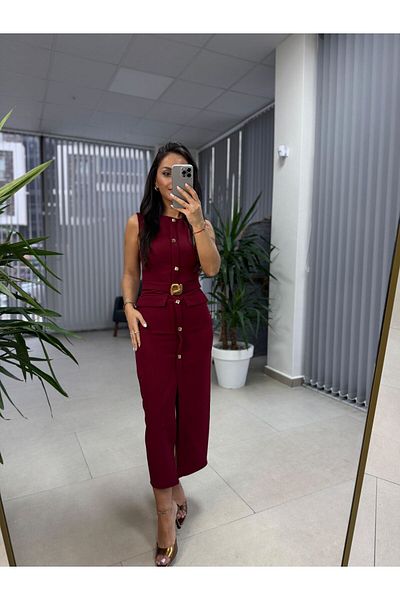 caddstore My 3720 Brand Model Claret Red Gold Button Pencil Dress