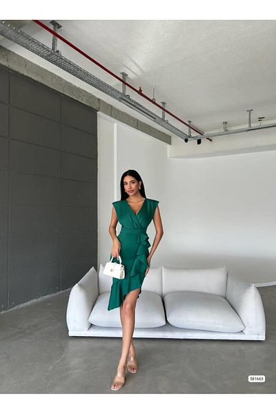 Modafeminen Φόρεμα Scuba Flounce με διπλό γιακά Emerald 581663