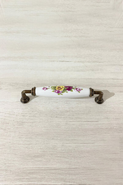 Ucelev Antik Sarı Metal-Gerçek Porselen Çiçek Desenli 128 mm Mobilya/Dolap/Ve...