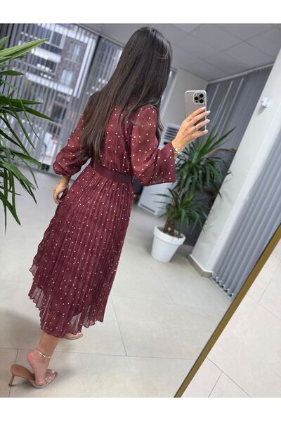 caddstore My 3286 Puantiyeli Mürdüm Şifon Elbise