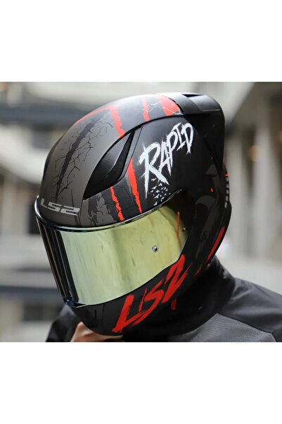LS2 Rapıd 2 Race Raven Kırmızı Kapalı Motosiklet Kaskı Gold Camlı
