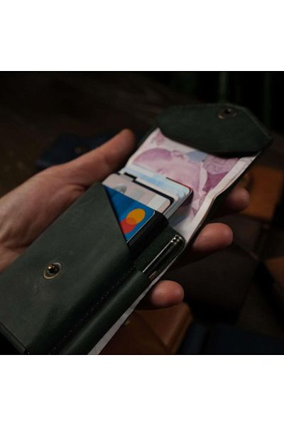 eonaks Vertical Mechanism Wallet Genuine Leather with Pen Card and Coin Compartment and Card Holder