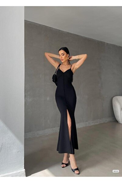Modafeminen Ithal Krep Kumaş Ince Askılı Düğme Detay Elbise 582053 Siyah