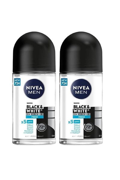 NIVEA NIVEA MEN Antiperspirant Roll-on for Men, Black & White Invisible Protection Fresh, 2x50ml