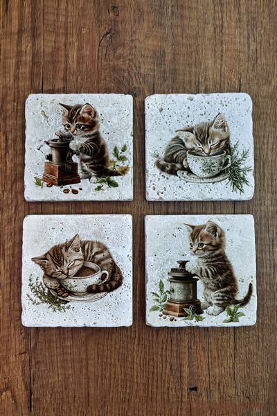 Begoloni Stone Decor Natural Stone Coasters Cute Cats Themed 10X10Cm- Stone C...