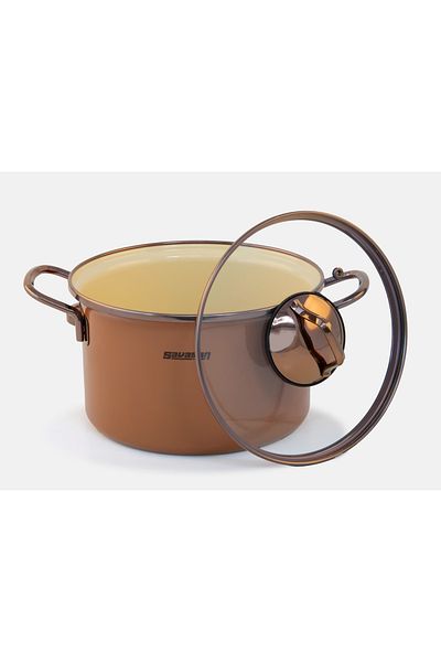 Savaşan Emaye 16 cm Asia Enamel Pot, Deeply Detailed, Copper Handle and Glass Lid, Stylish Design