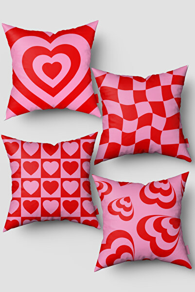 EsnafAli Set de 4 huse de pernă cu model de inimă roșie și roz