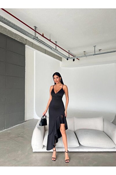 Modafeminen Βραδινό φόρεμα με λεπτό λουράκι με ασύμμετρο βολάν Scuba ύφασμα 5...