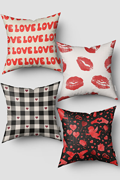 EsnafAli Husă de pernă din 4 piese cu model de inimă roșie și neagră