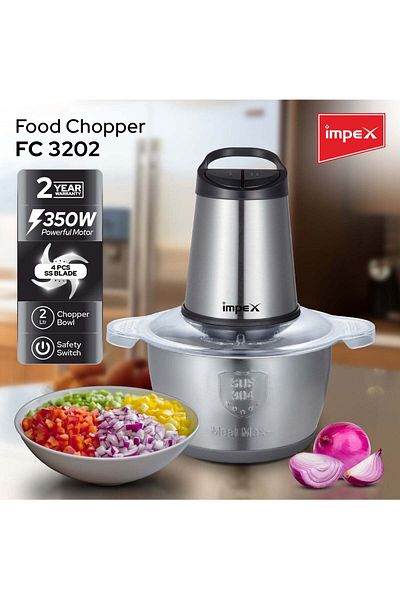İMPEX مفرمة طعام كهربائية - FC 3202، وعاء من الفولاذ المقاوم للصدأ، سرعتان قابلتان للتعديل، 4 قطع من الشفرات المصنوعة من الفولاذ المقاوم للصدأ