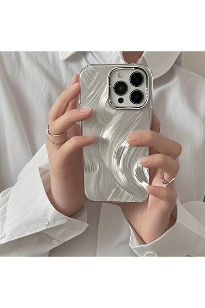 EDELFU For iPhone 16 Pro Max (2024) Silver Color Feather Patterned Sides Silicone Phone Case
