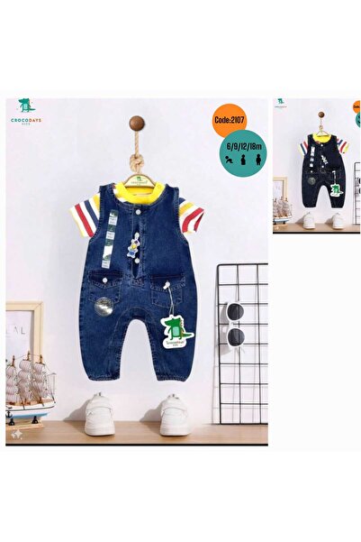 CROCODAYS Kısa Kol Erkek Çocuk Bebek Kot (JEANS) Badili Salopet 2'li Takım (6...