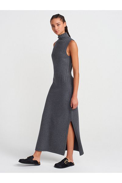 Dilvin 90243 Stand Collar Slit Knitwear Dress