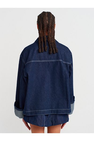 Dilvin 65364 Zippered Oversize Denim Coat-Navy Blue